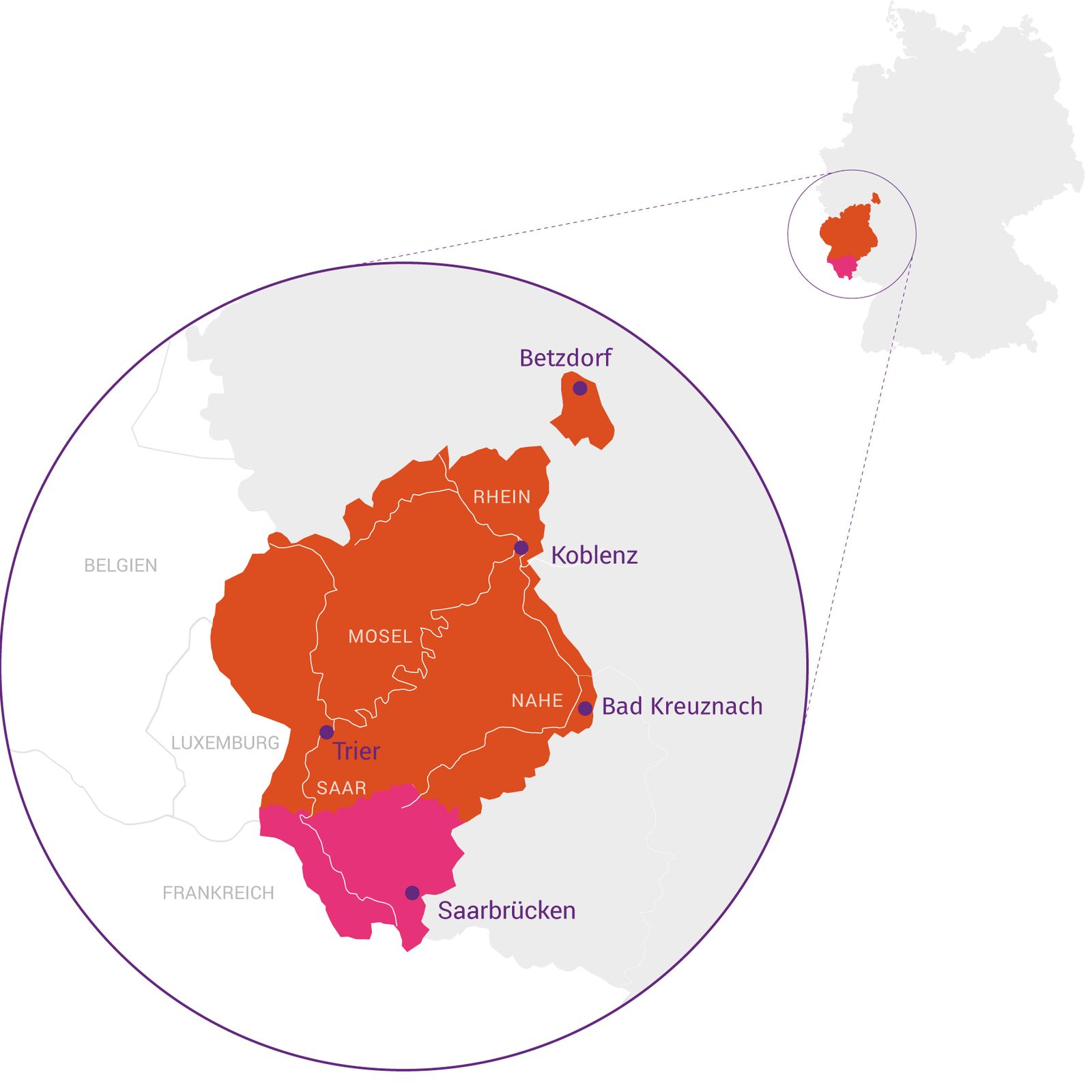 Eine Landkarte zeigt die Ausmaße des Bistums Trier